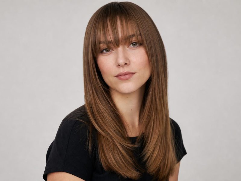 Birkin Bangs with a Full Brow-Grazing Fringe on Long Light Brown Hair