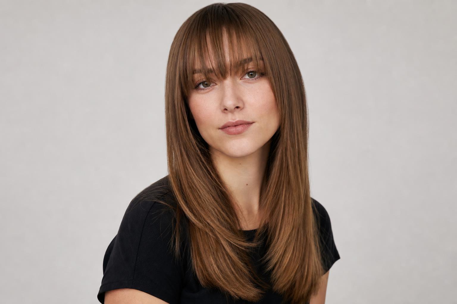 Birkin Bangs with a Full Brow-Grazing Fringe on Long Light Brown Hair