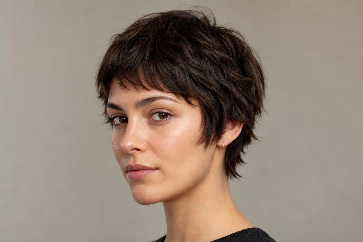 Choppy Bixie with Piecey Layers and Ear-Length Texture on Dark Brown Hair