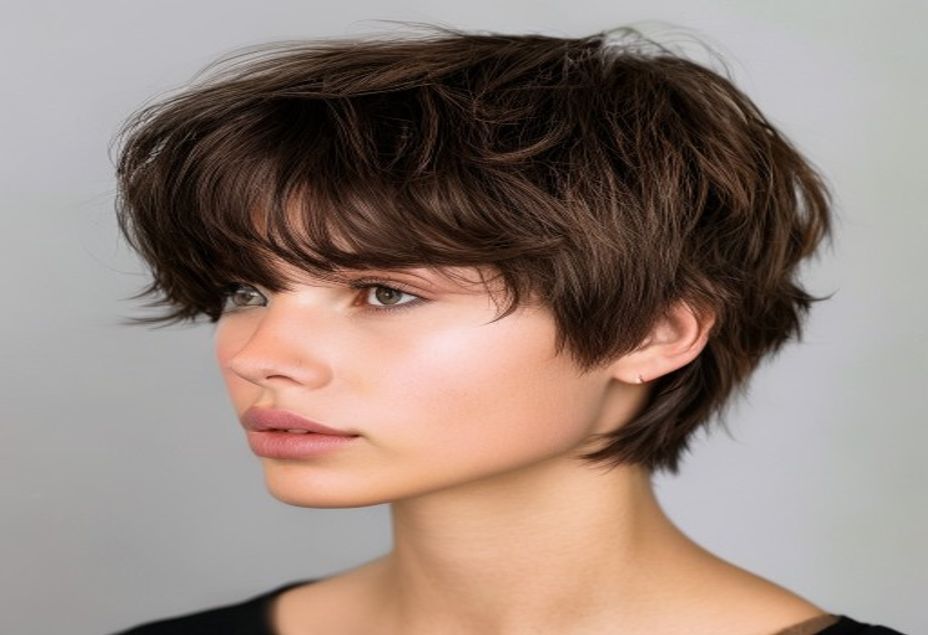 Choppy Bixie with Piecey Layers and Ear-Length Texture on Dark Brown Hair