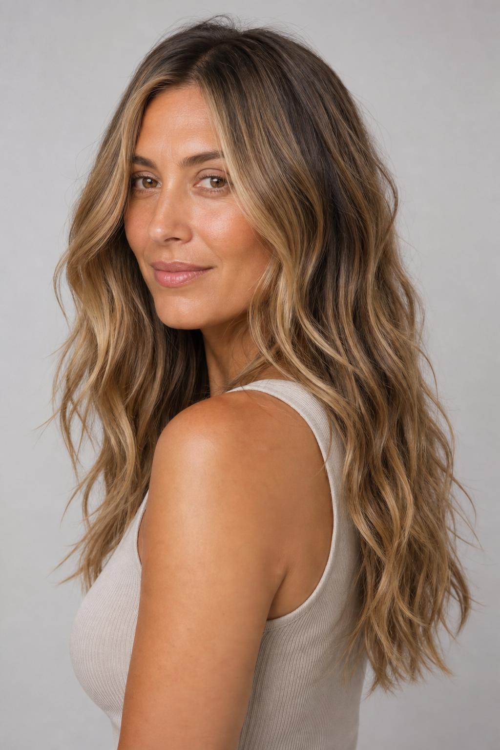 Boho Blonde Leaning Bronde with Deeper Base and Sun-Kissed Pieces on Wavy Hair