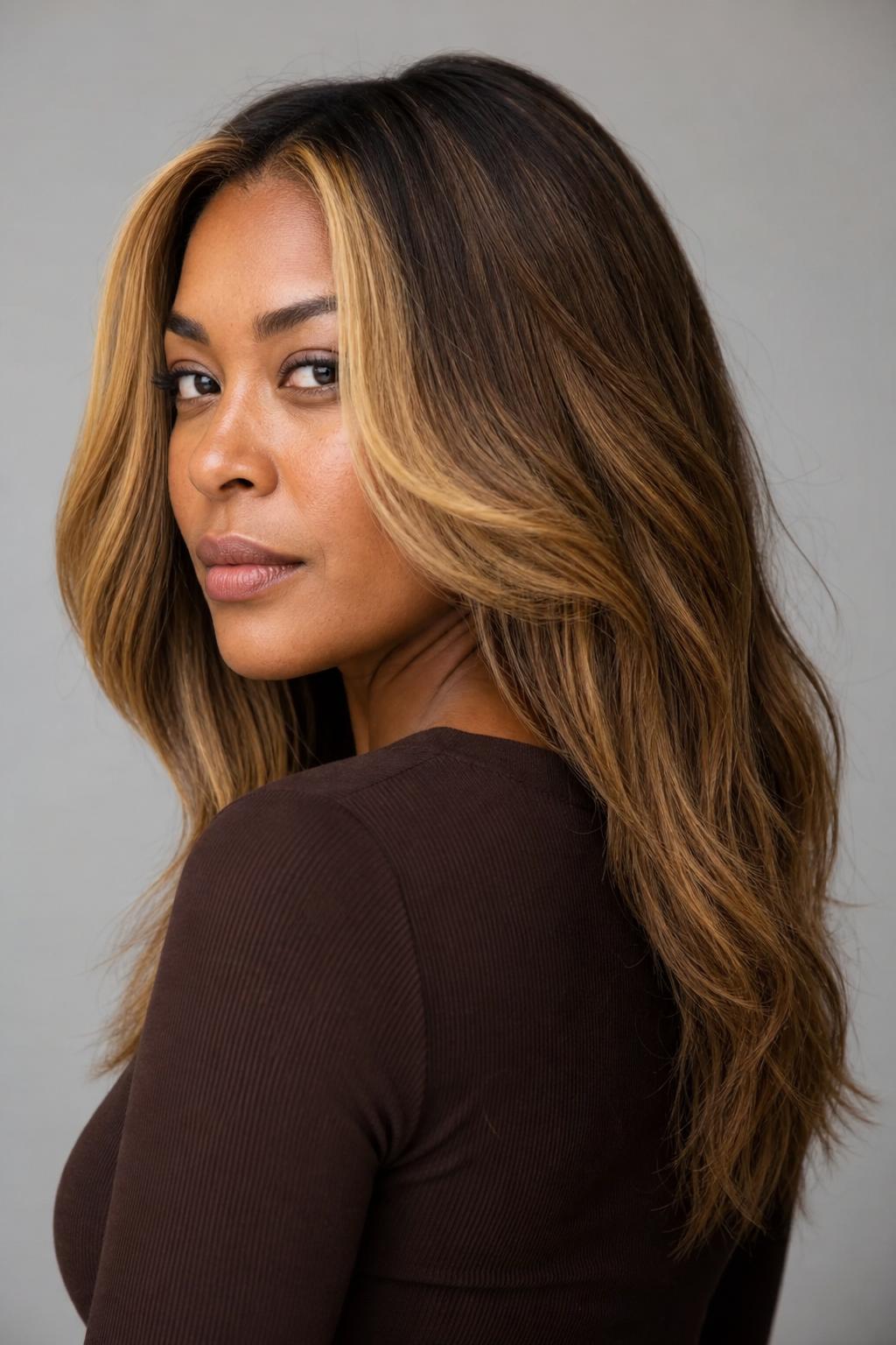 Warm Golden Boho Blonde on Deep Skin with Face-Framing Brightness on Long Hair