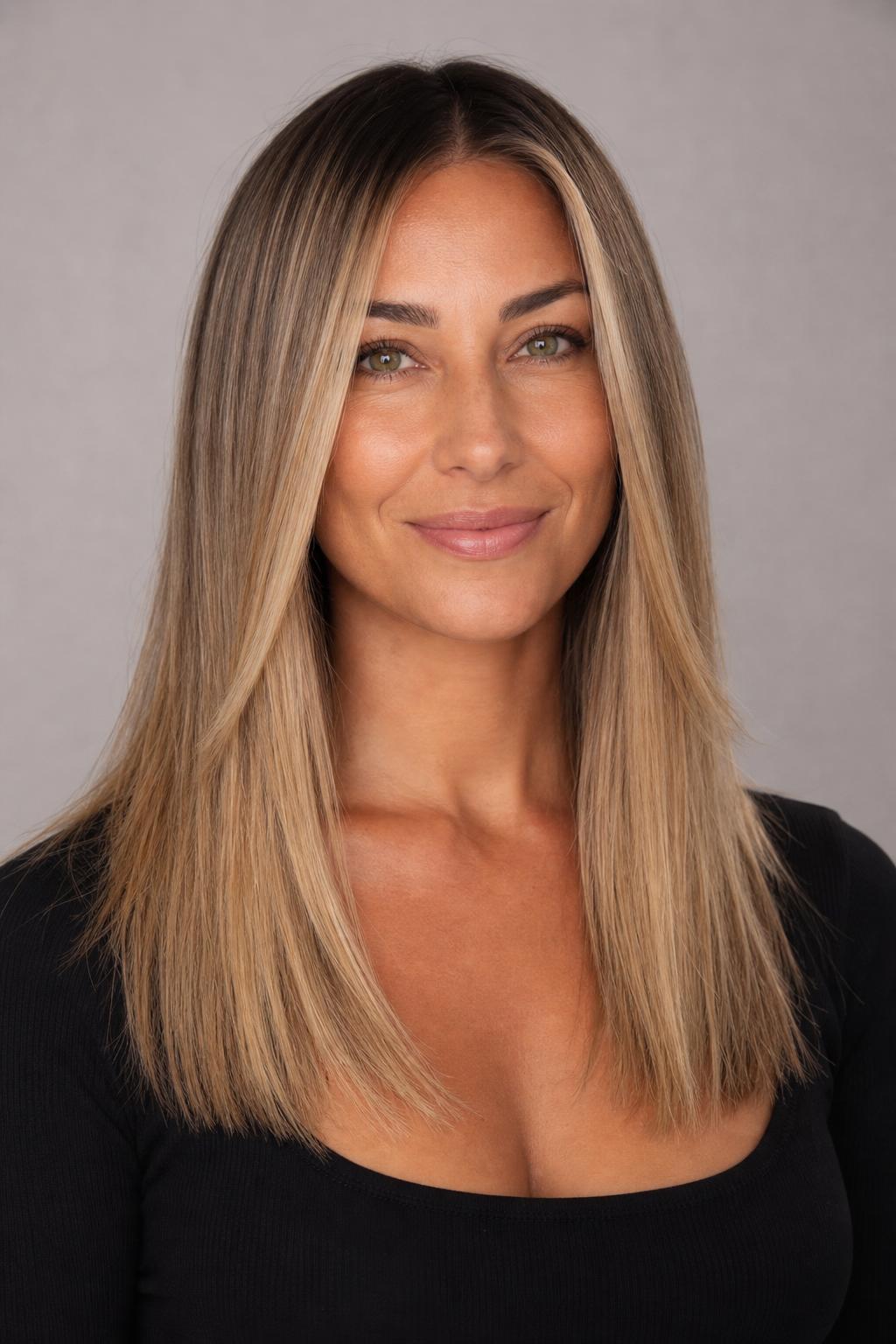Bright Boho Blonde Foilyage over a Darker Base on Long Straight Hair