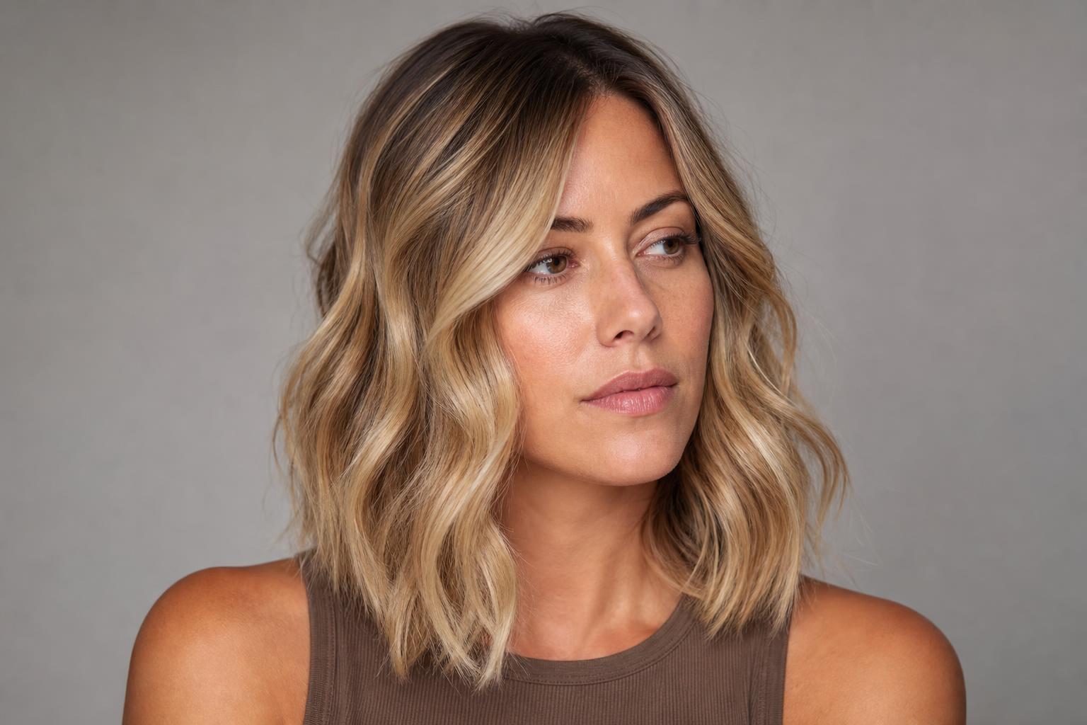 Boho Blonde with Soft Grown-Out Root and Sun-Kissed Lengths on Wavy Hair