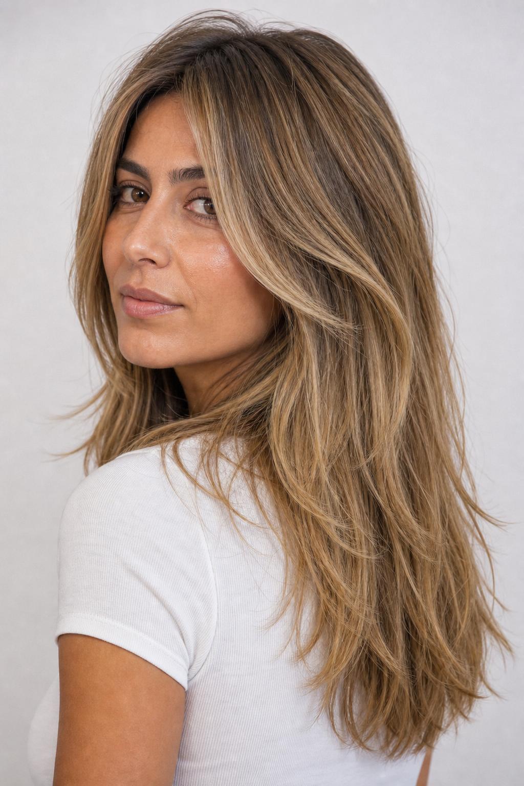 Warm Boho Blonde on Olive Skin with Sun-Kissed Dimension and Long Layers