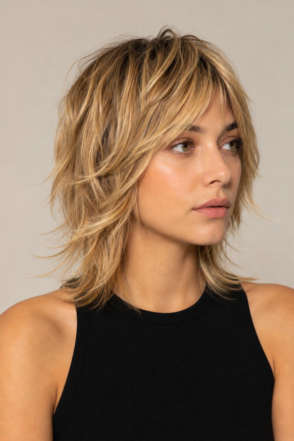 Boho Blonde on a Layered Shag with Sun-Kissed Flicked Ends on Medium Hair