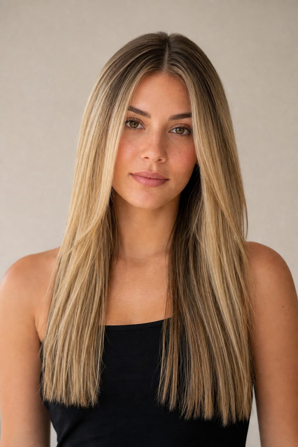 Soft Rooted Boho Blonde with Hand-Painted Dimension on Long Straight Hair