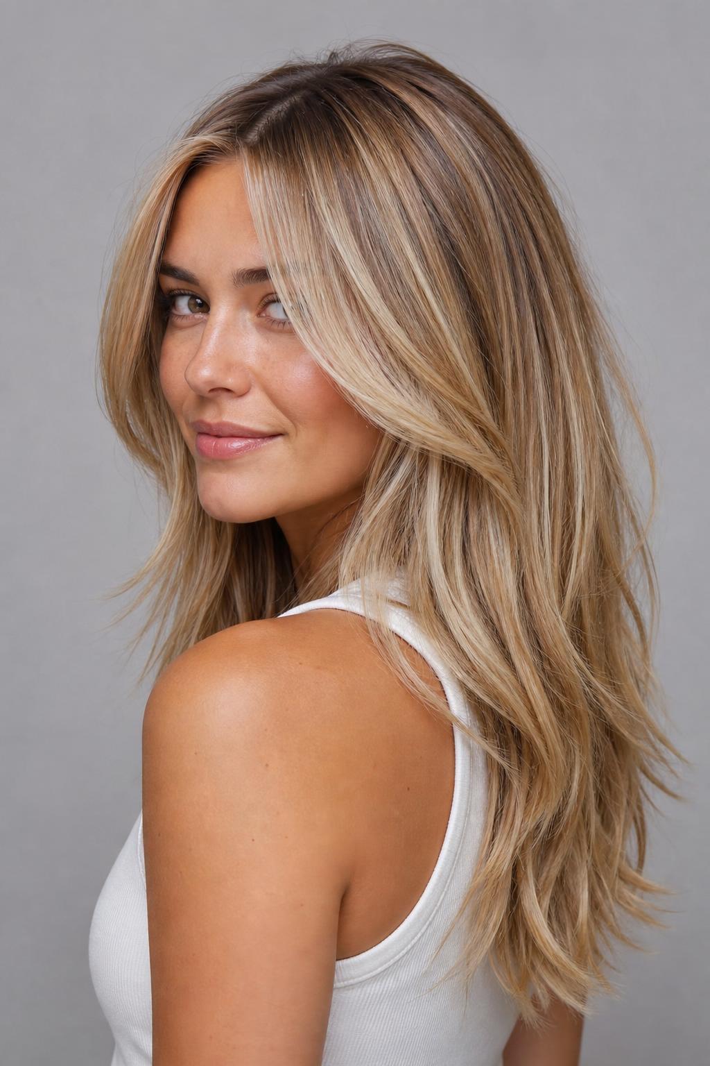 Dimensional Boho Blonde with Warm Caramel and Cooler Ribbons on Long Layers