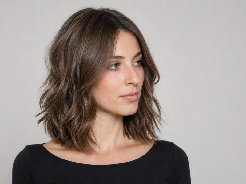 Cool, Neutral Brown Hair with No Orange Brass on Glossy Mid-Length Waves