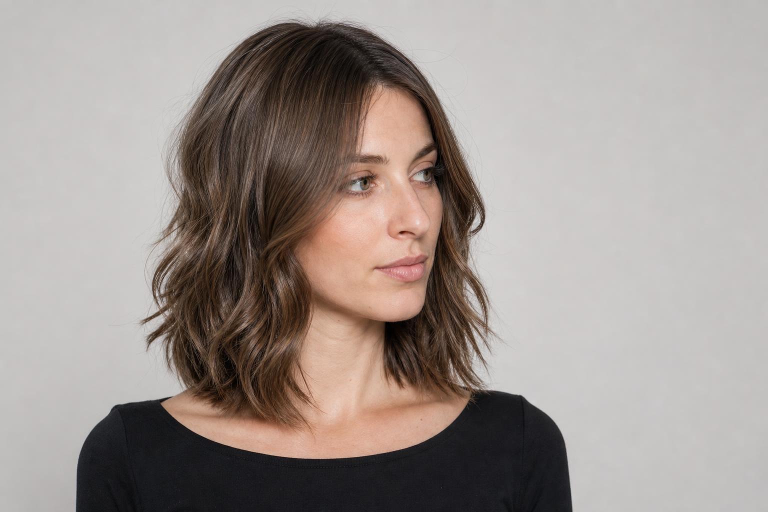Cool, Neutral Brown Hair with No Orange Brass on Glossy Mid-Length Waves