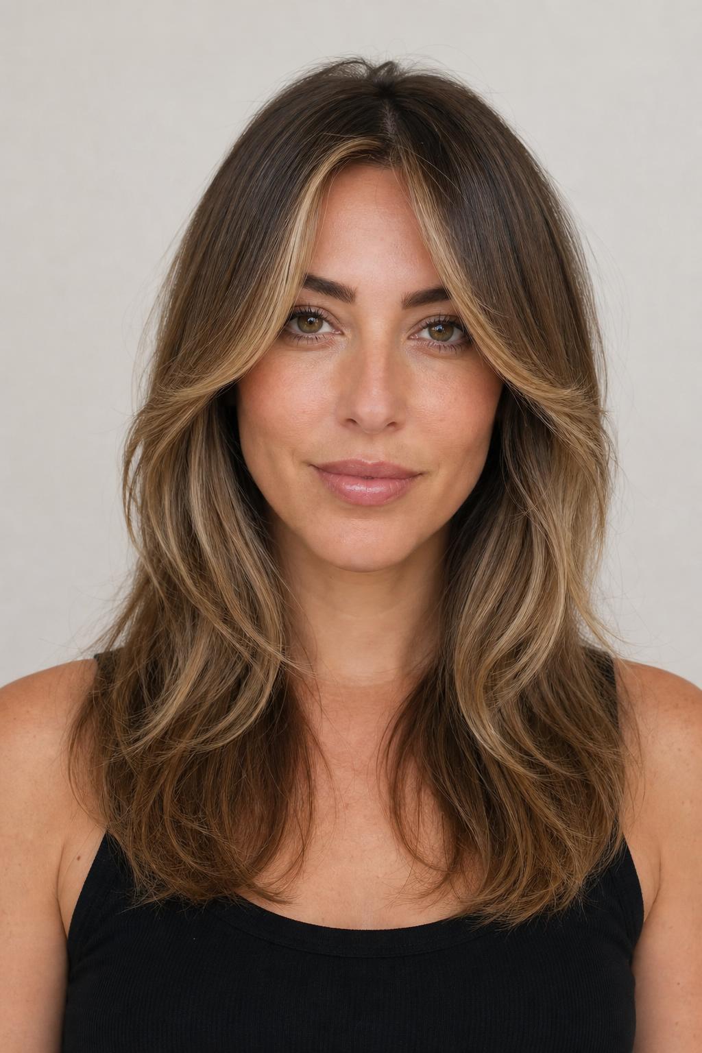 Butterfly Fringe with Face-Framing Balayage Brightening the Layers on Bronde Hair