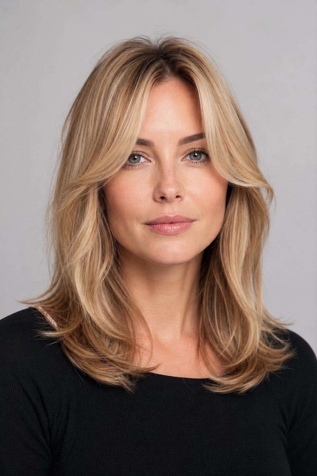 Butterfly Fringe on Soft Blended Blonde Hair Framing a Heart-Shaped Face