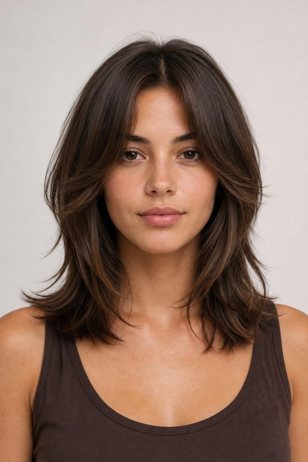Cheekbone-Length Butterfly Fringe with Feathered Ends on Brown Hair