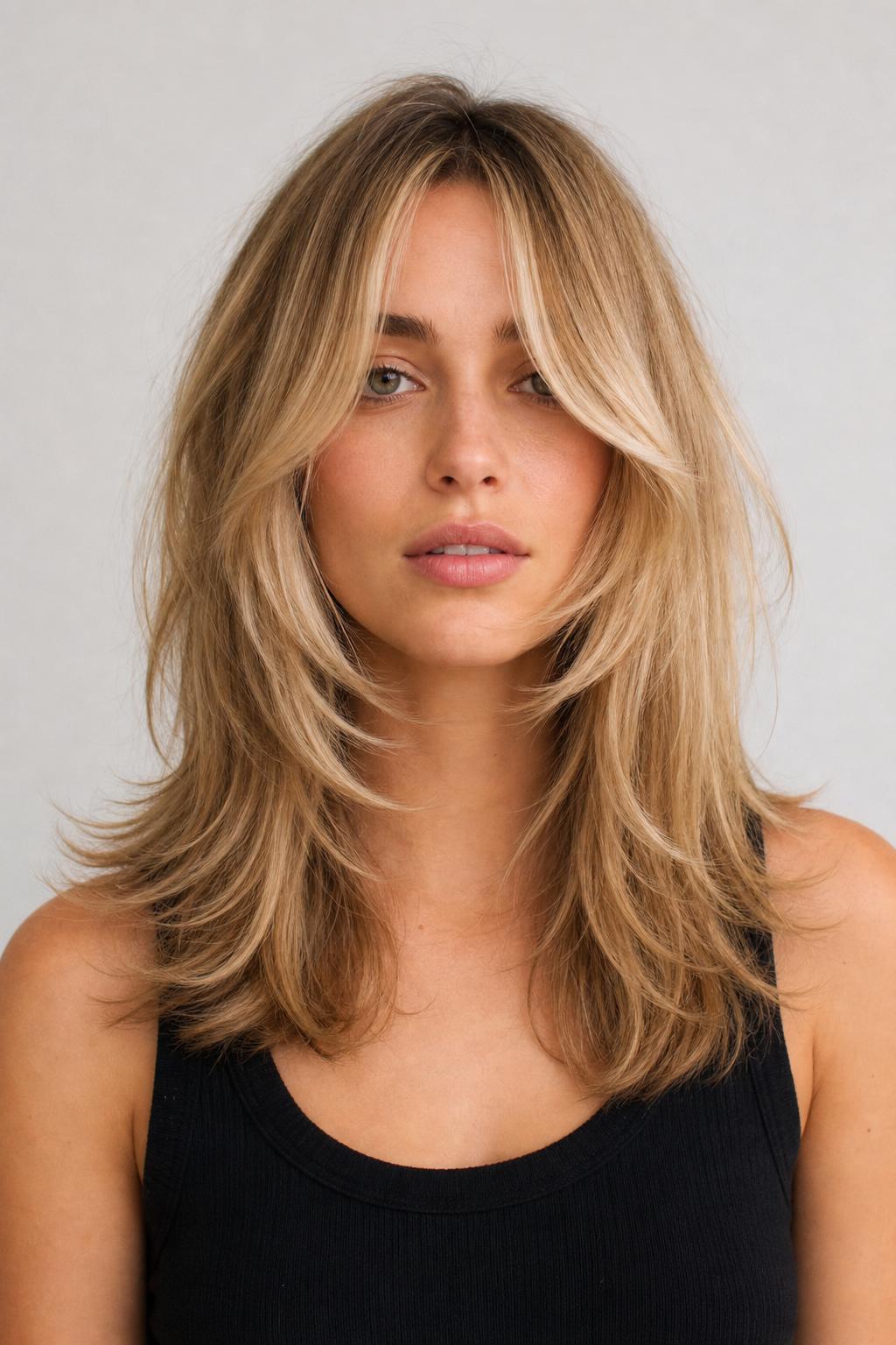 Long Collarbone Butterfly Fringe Styled with a Round Brush on Blonde Hair