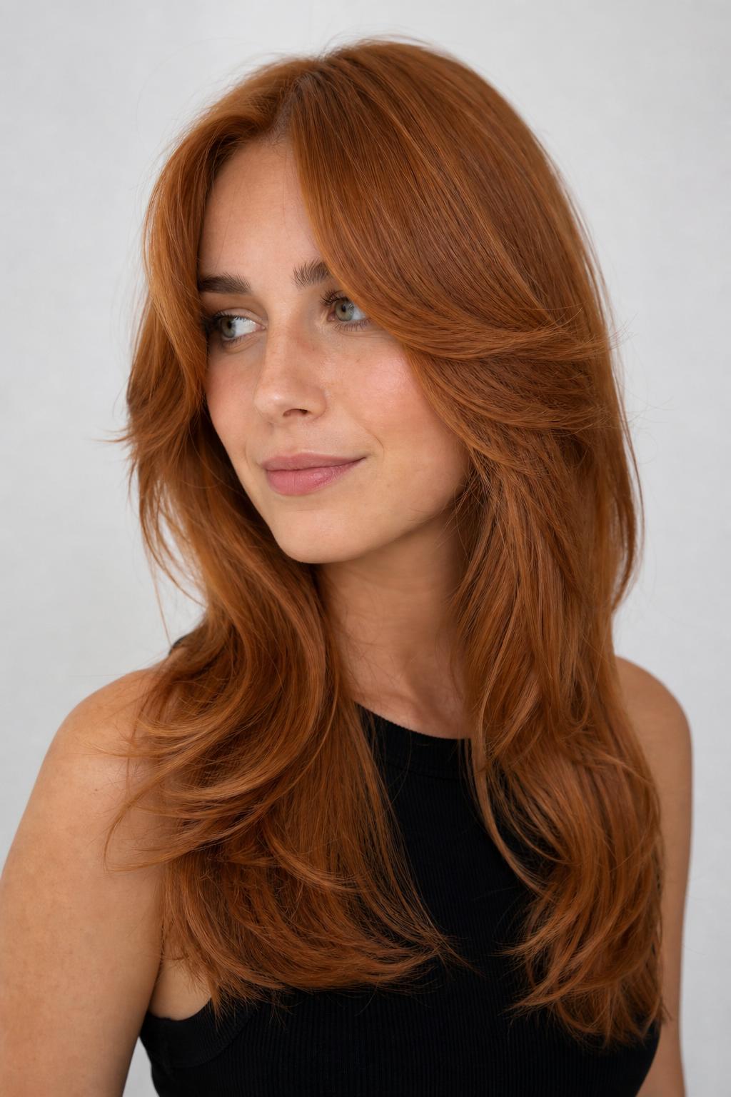 Warm Copper Butterfly Fringe with Feathered Face-Framing Layers on Red Hair