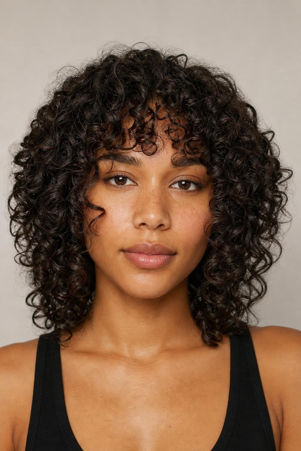 Curly Butterfly Fringe with Soft Spirals Around the Face on Dark Textured Hair