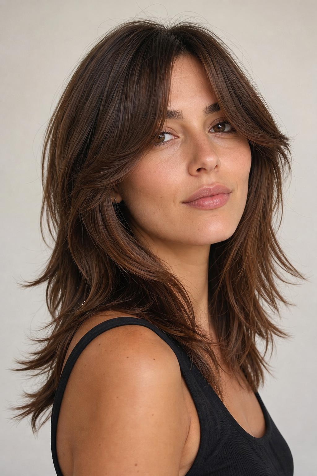 Butterfly Fringe with a Center-Parted Curtain Base and Longer Layers on Brown Hair
