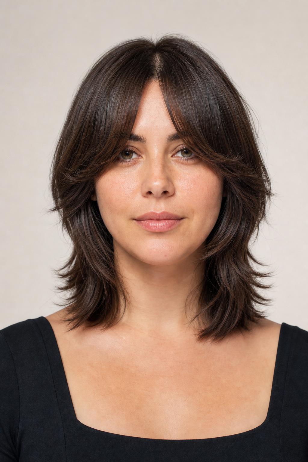 Eye-Grazing Butterfly Fringe Framing a Round Face on Dark Hair