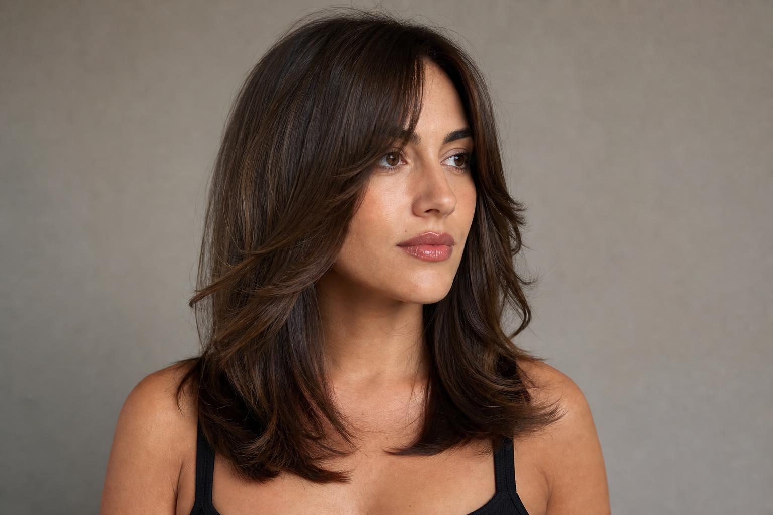 Feathered Butterfly Fringe with Stacked Face-Framing Layers Falling to the Collarbone on Thick Hair