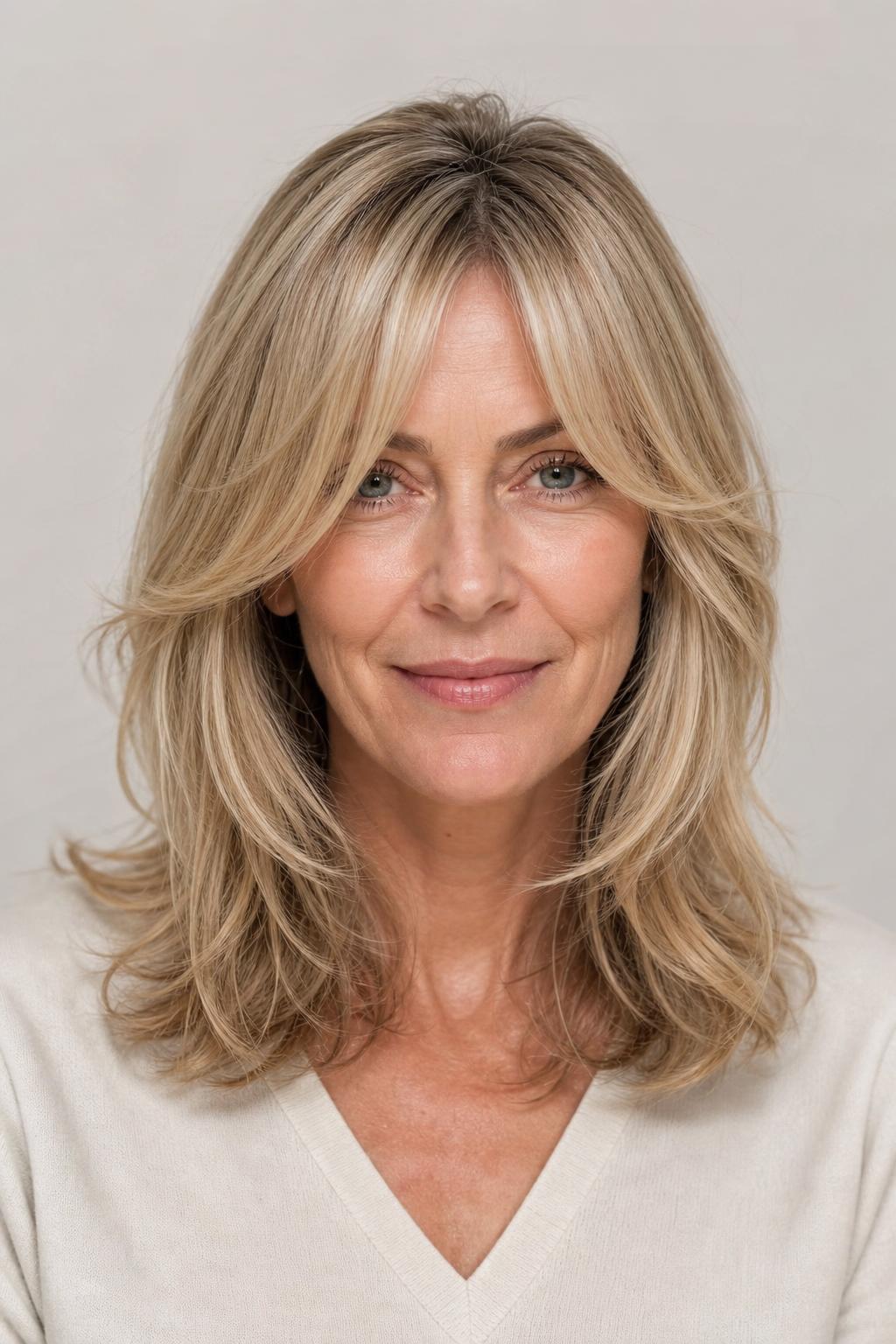 Butterfly Fringe on Fine Hair Styled for Soft Volume on Blonde Hair