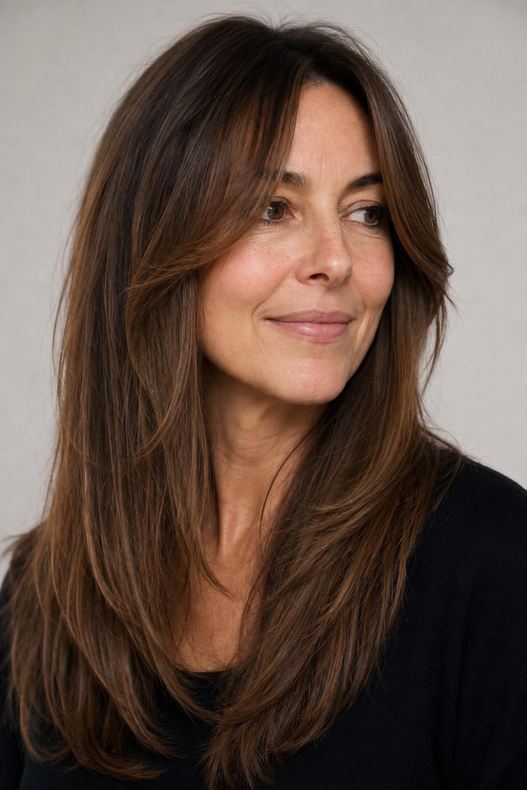 Grown-Out Butterfly Fringe Blending Into Long Layers on Brown Hair