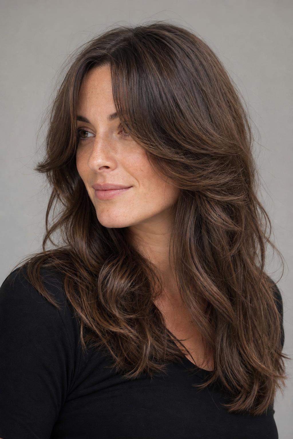 Jaw-Length Butterfly Fringe on Thick Wavy Hair with Soft Movement
