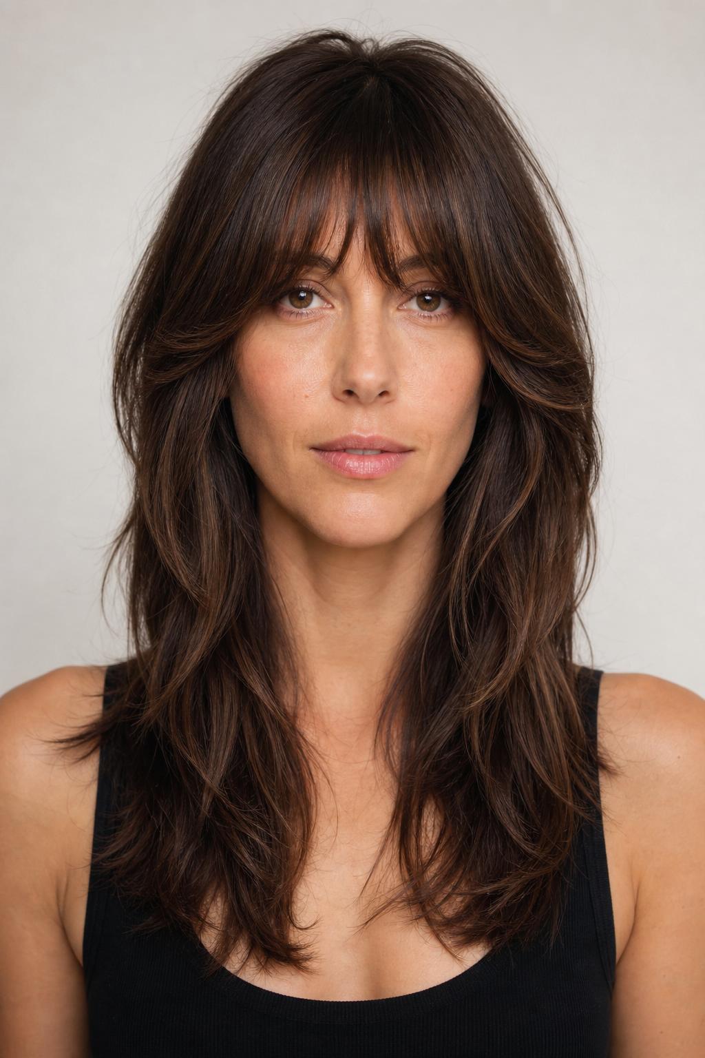 Butterfly Fringe Adding Width to a Long Face on Chestnut Hair