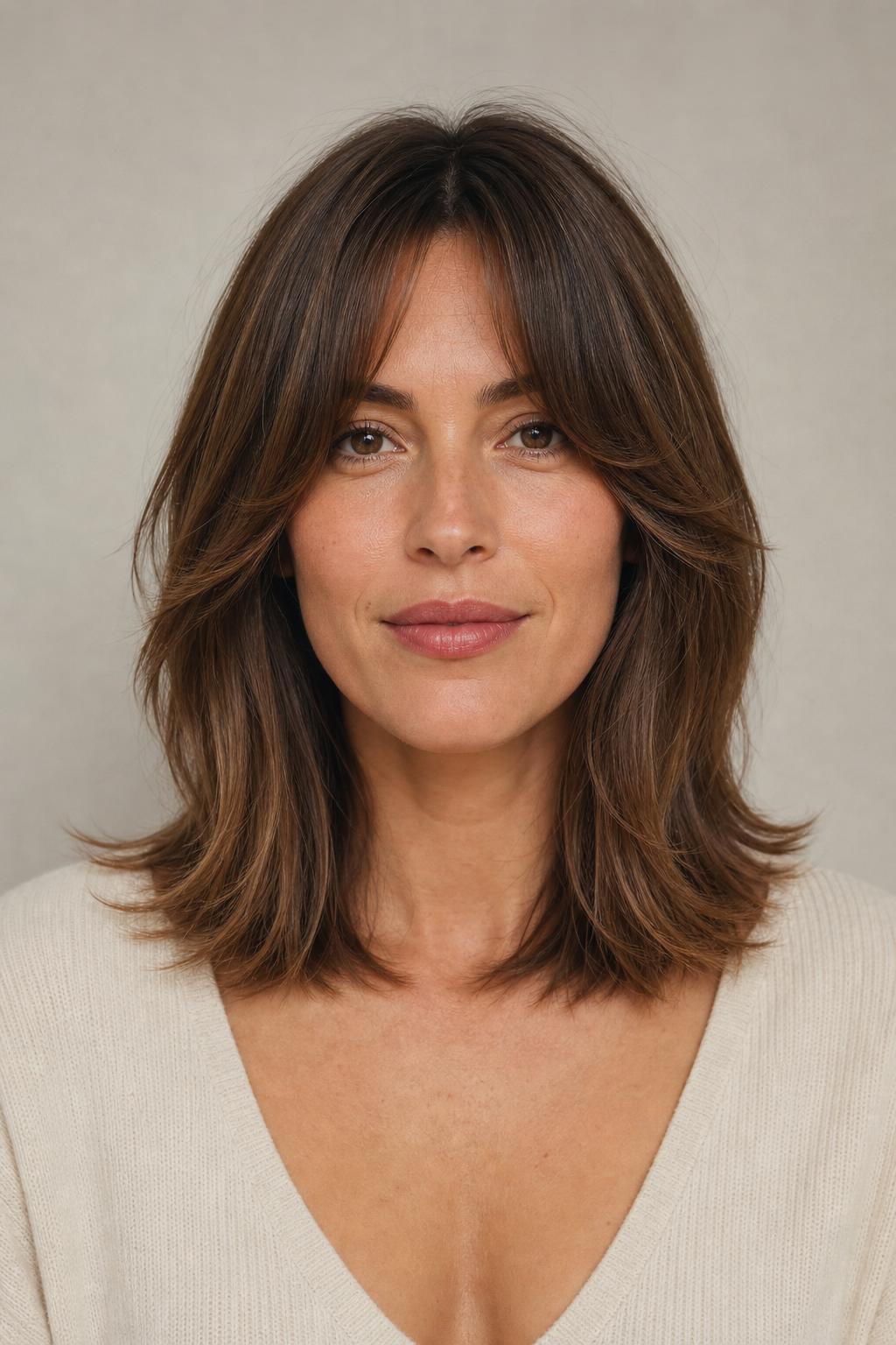 Mid-Length Butterfly Fringe with Soft Winged Layers on Medium Brown Hair