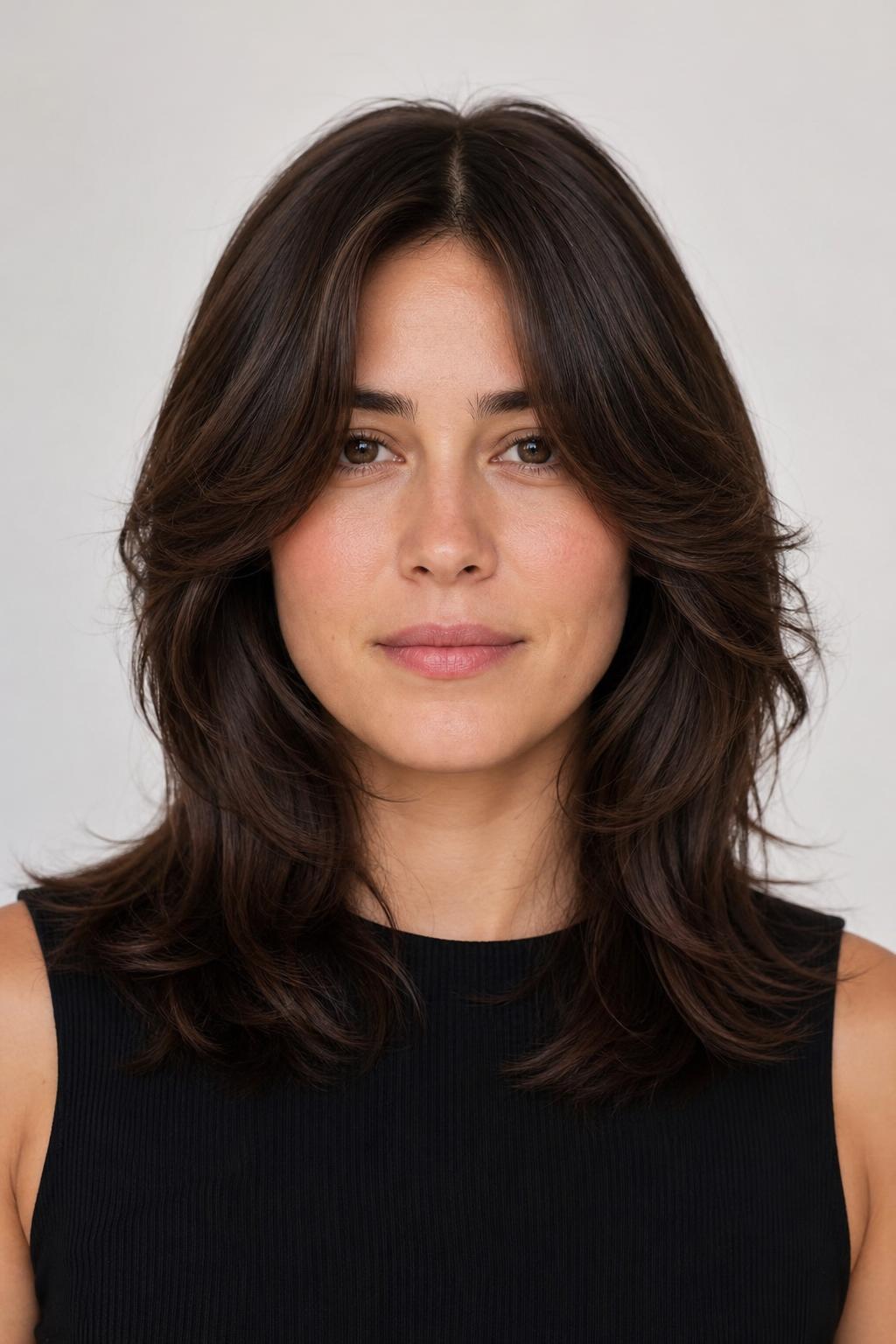 Soft Butterfly Fringe Softening a Square Jaw on Dark Brown Hair