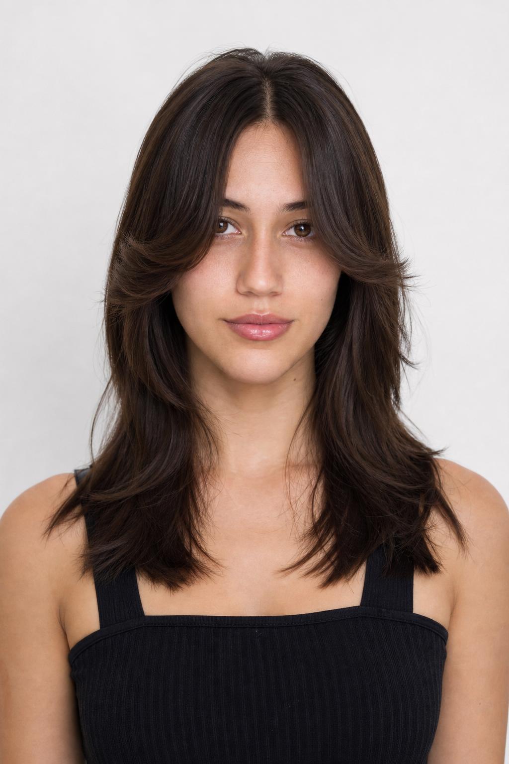 Straight Butterfly Fringe with Ends Flicked Away from the Face on Dark Hair