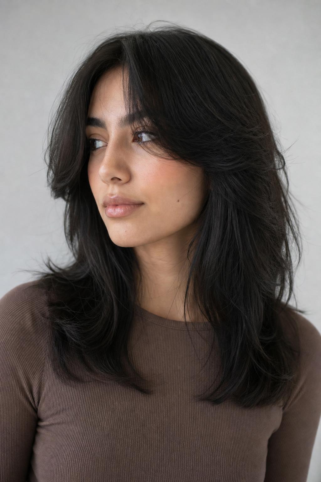 Butterfly Fringe on Thick Hair with Weight Removed Around the Face on Dark Hair