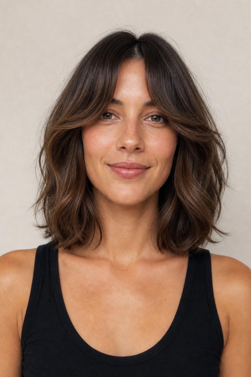 Butterfly Fringe on a Wavy Bob with Soft Face-Framing Layers on Brown Hair