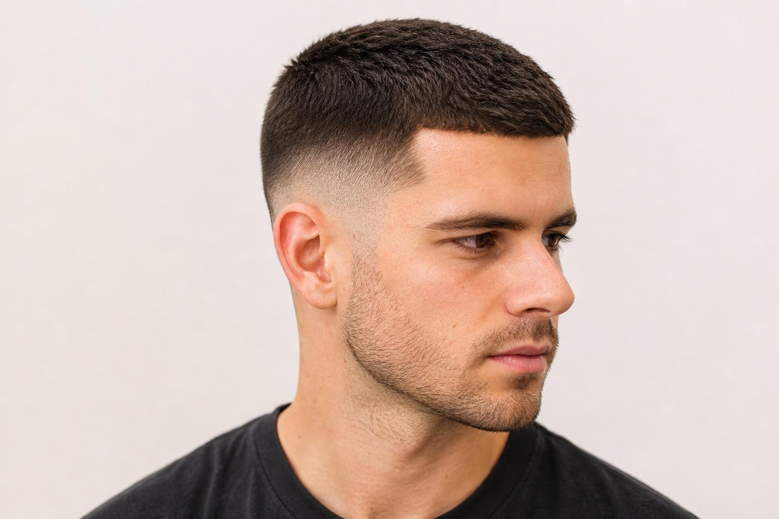 Buzz Cut with a Low Taper Fade and Clean Line-Up on Dark Hair