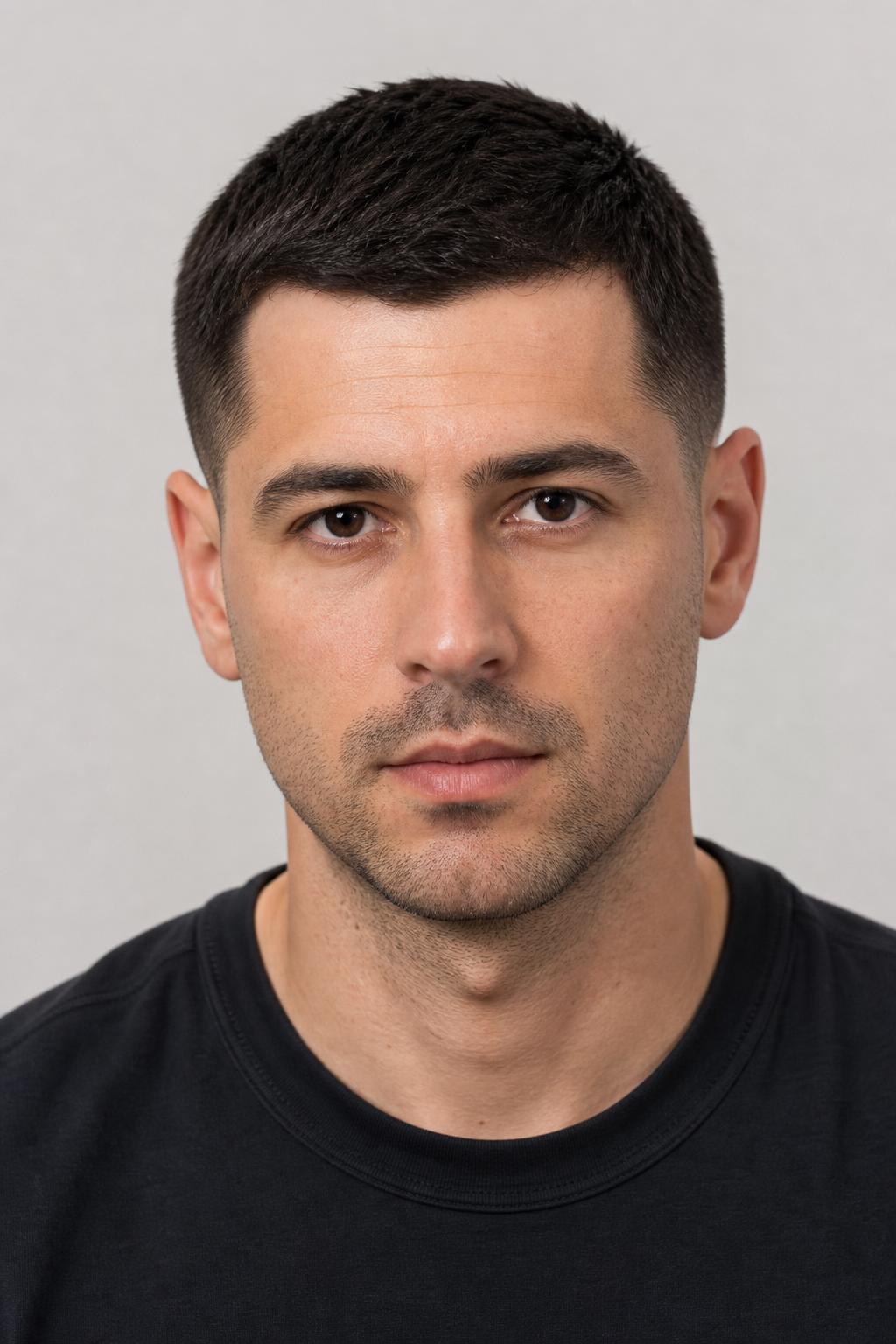 Low Taper Buzz Cut with a Subtle Fade Around the Ears