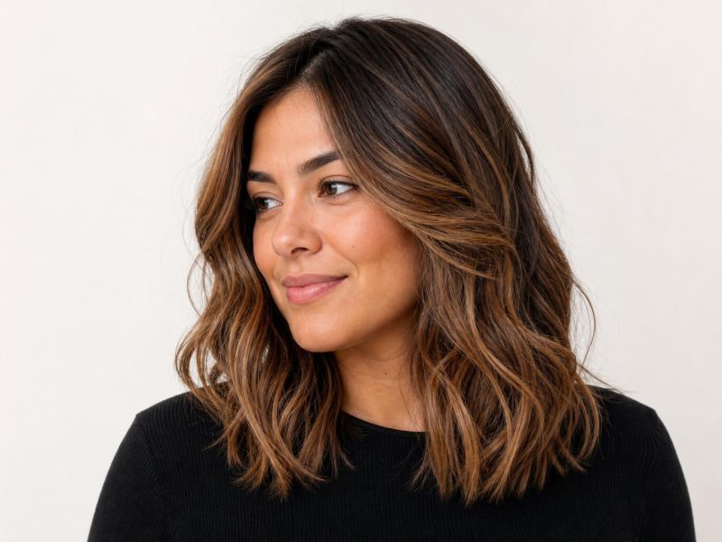 Chai Tea Bronde Hair with Warm Golden-Caramel Highlights on a Medium-Brown Base in Soft Waves
