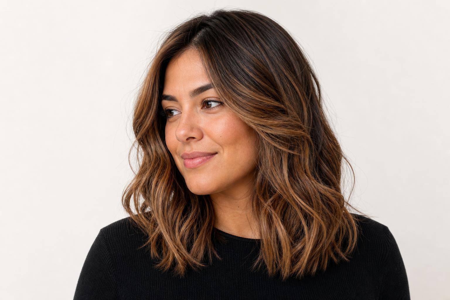 Chai Tea Bronde Hair with Warm Golden-Caramel Highlights on a Medium-Brown Base in Soft Waves
