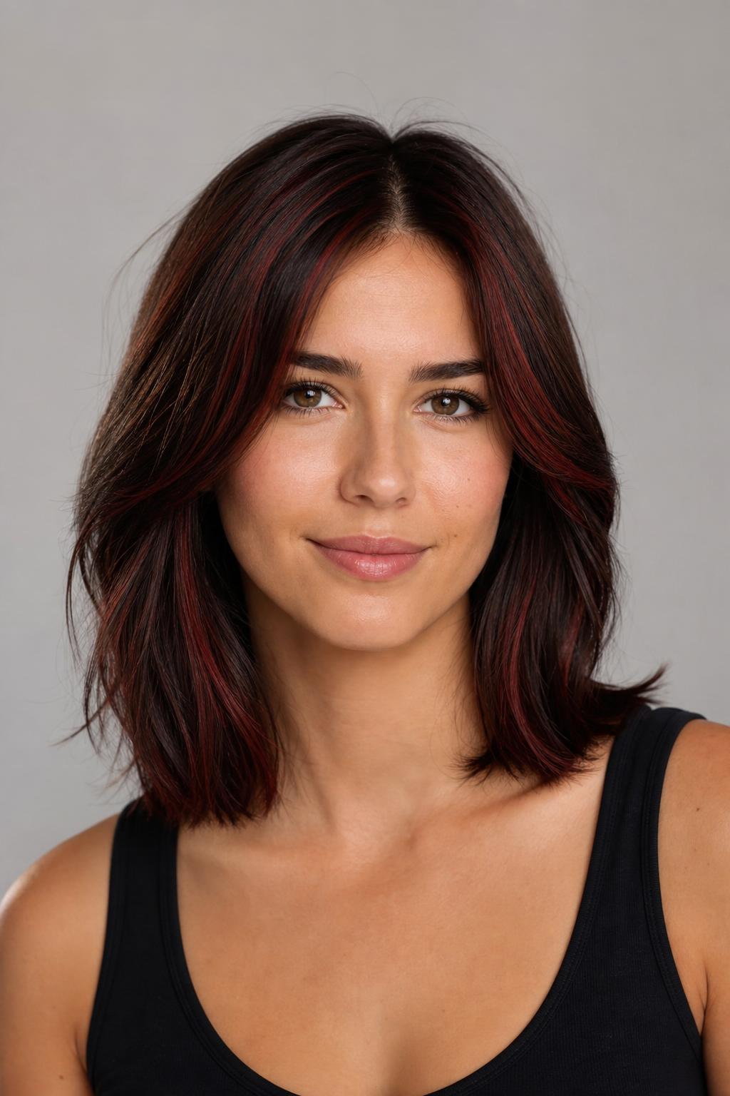 Fine Cherry Babylights Woven Through Deep Brunette Hair