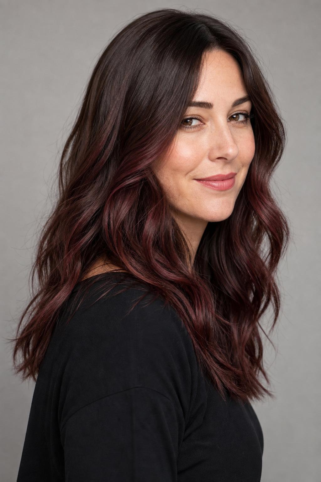 Chocolate Cherry Balayage with Burgundy Ribbons on a Chestnut Base