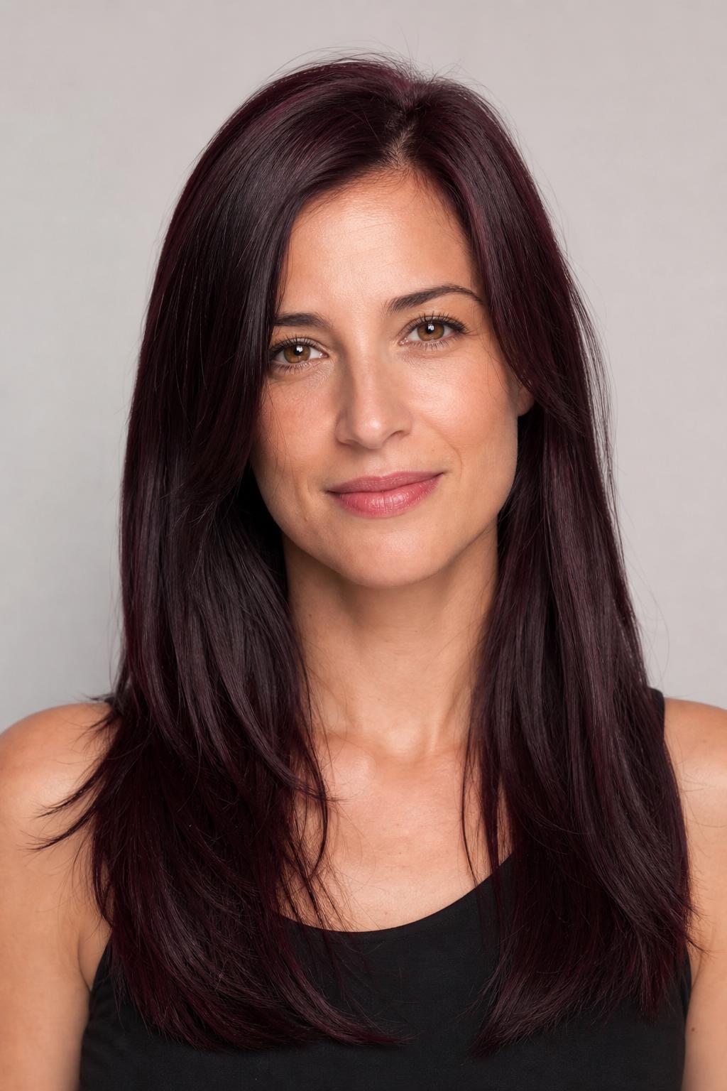 Deep Black Cherry Hair Flashing Cool Red in the Light on an Espresso Base