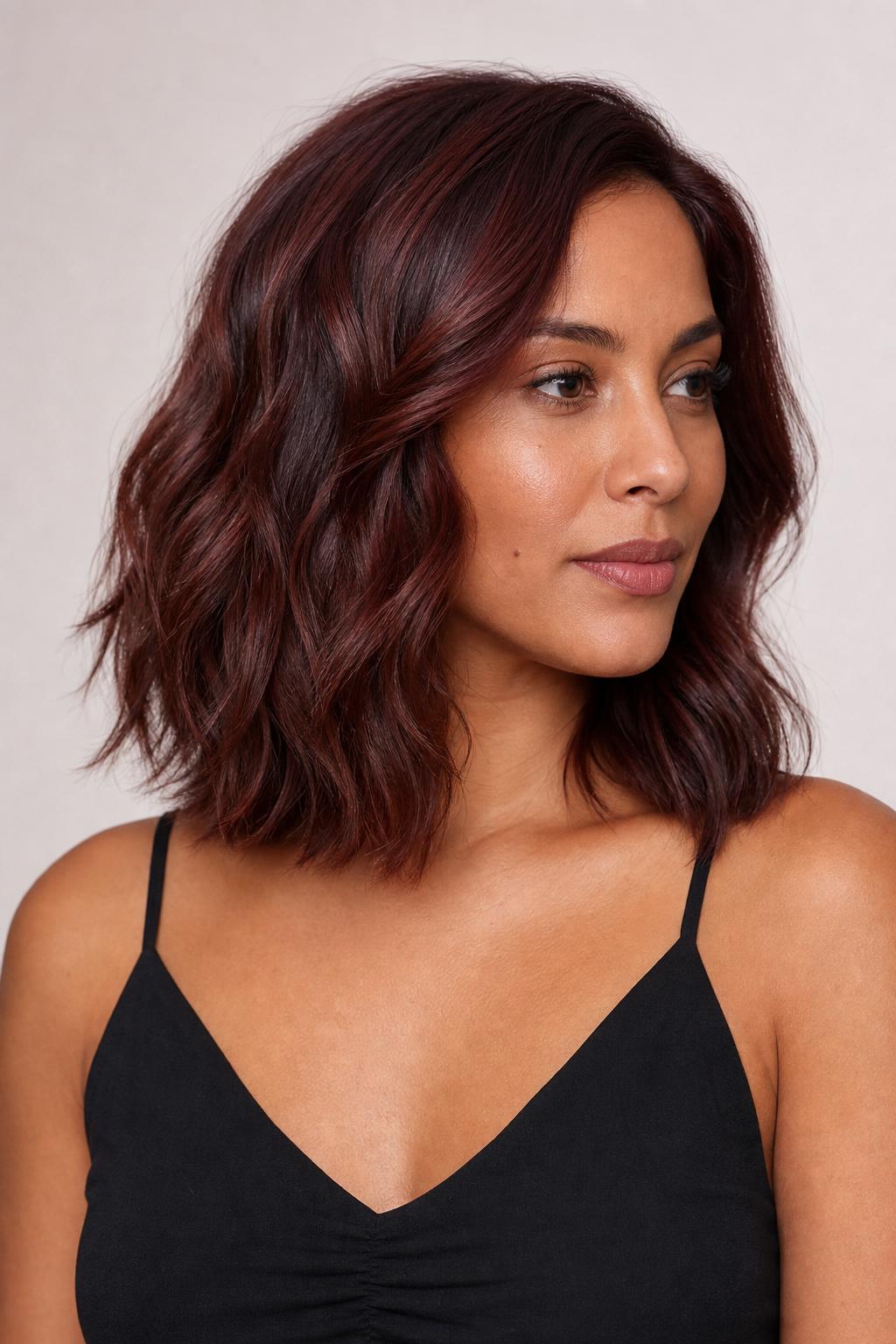 Warm Cinnamon-Cherry Mahogany Hair Flattering Golden Skin Tones