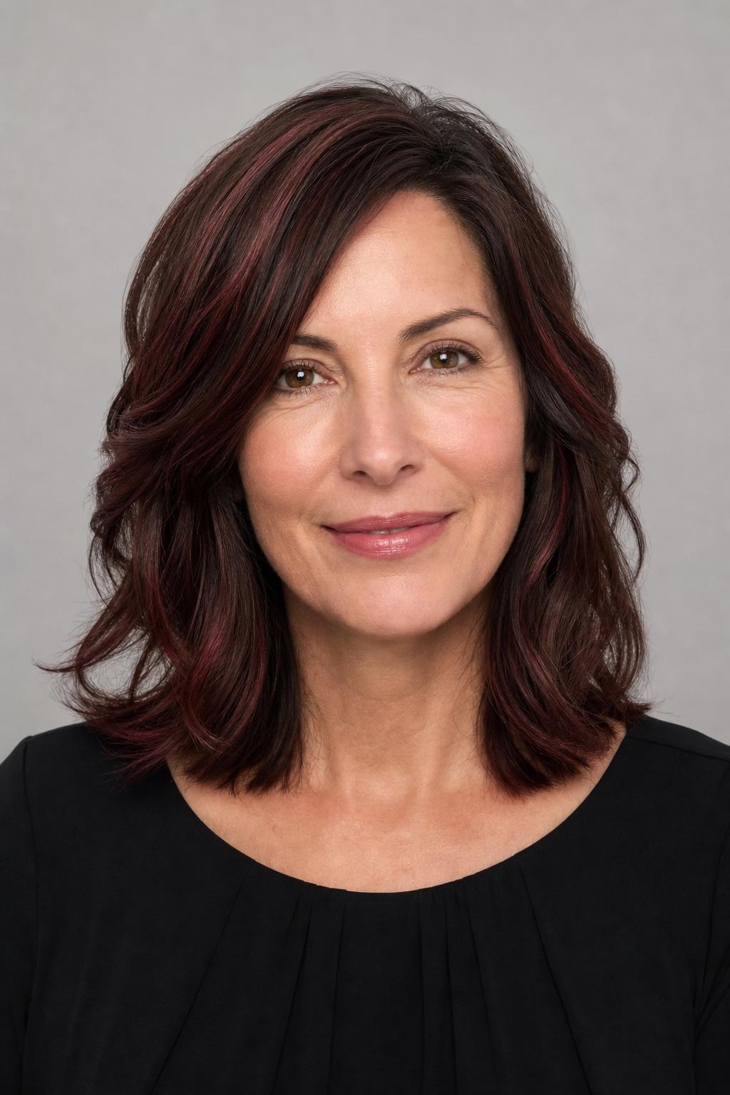 Cocoa Brown Hair with Deep Cherry Lowlights for Wine-Dark Depth