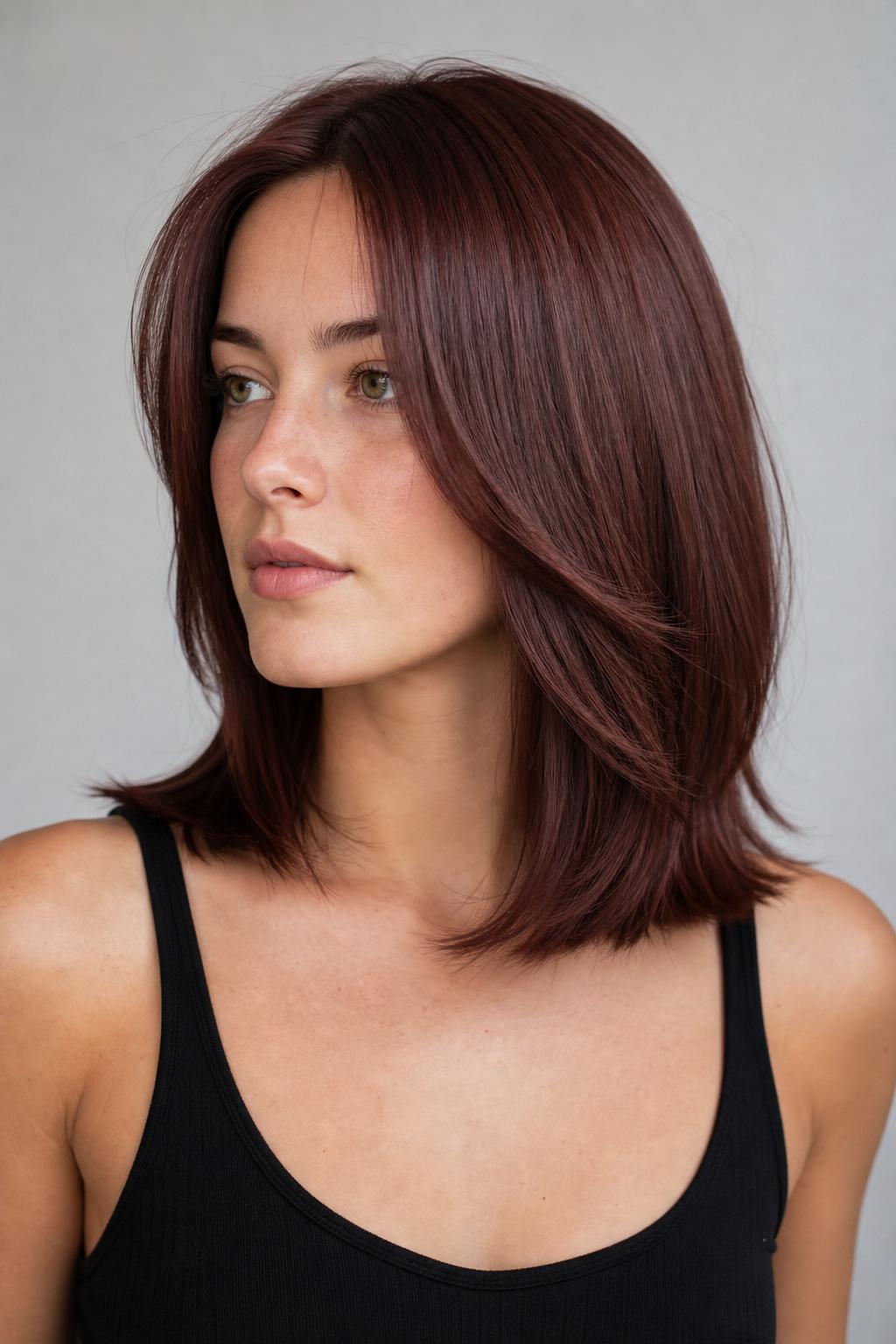 Glossy Cherry Cola Hair with a Balanced Brown-Red Tone