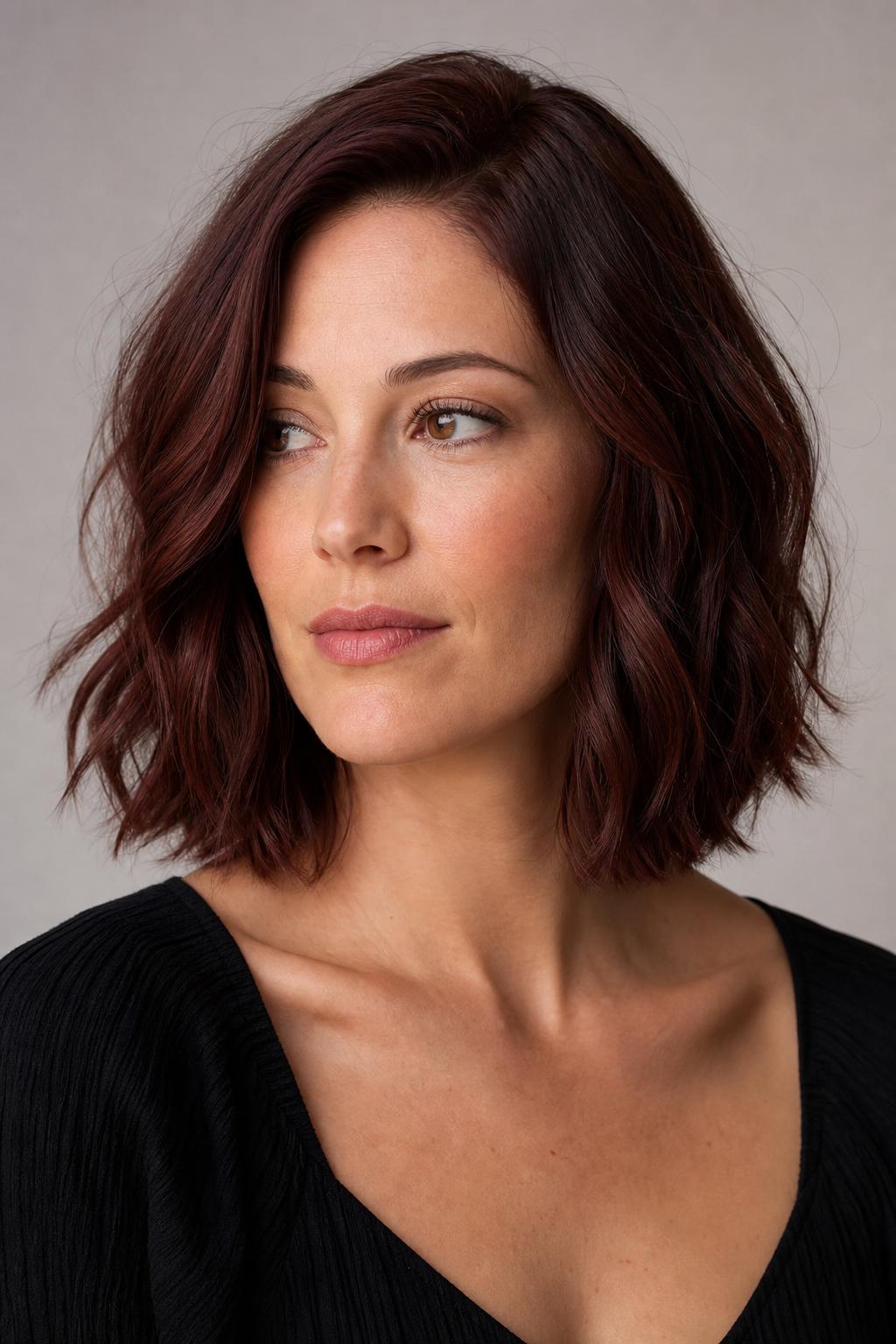 Cherry Cola Lob with Soft Waves and Easy Dimension