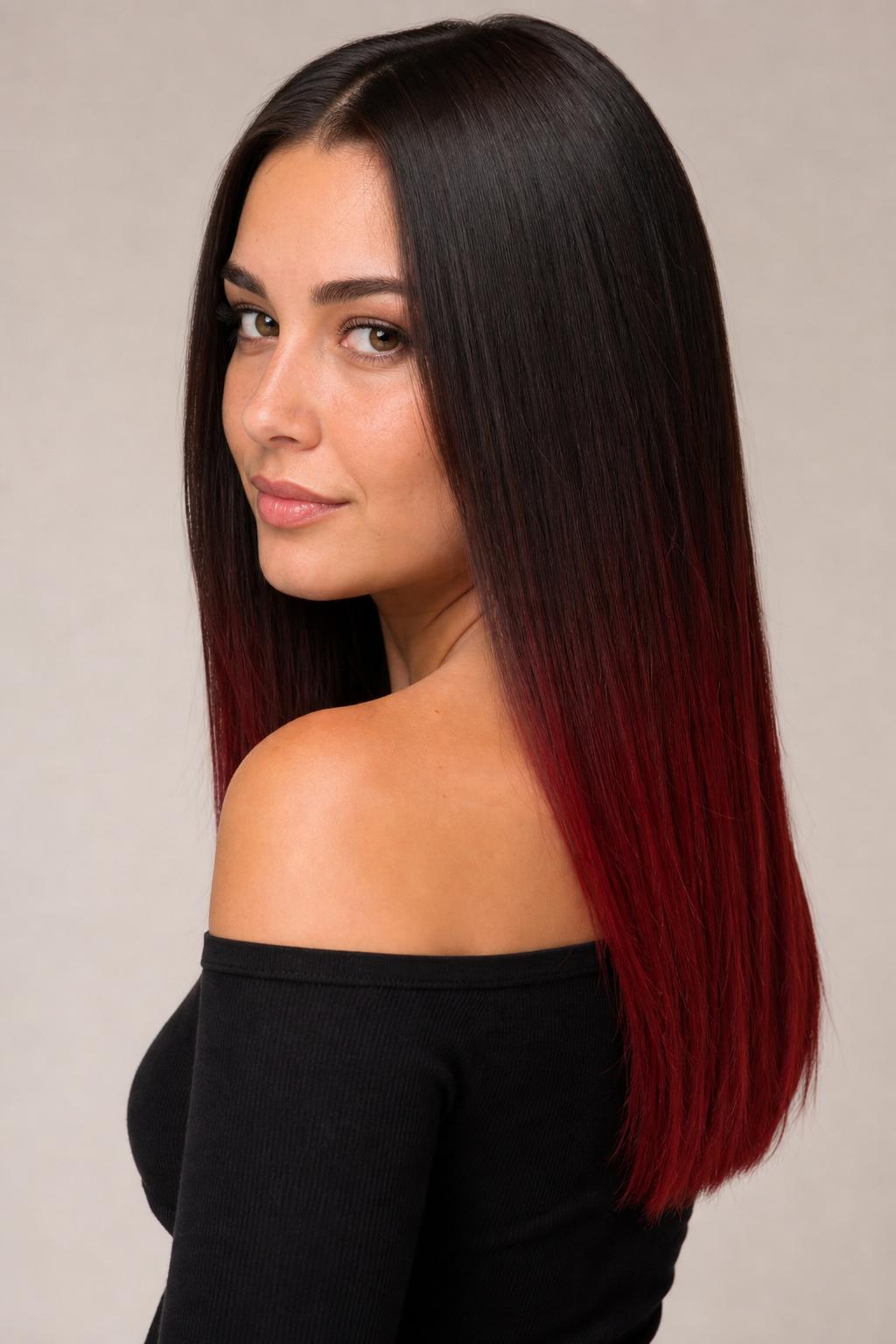Cherry Cola Ombre from Dark Chocolate Roots to Cherry Tips on Straight Hair