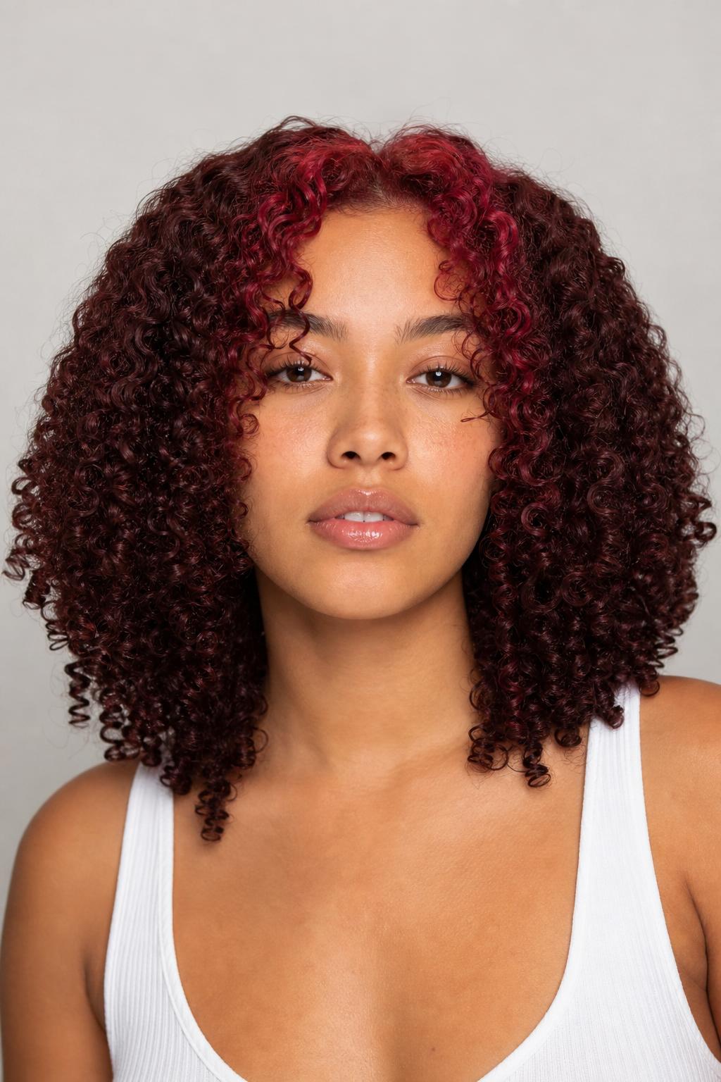 Deep Cherry Curly Hair with Brighter Cherry Face-Framing Pieces
