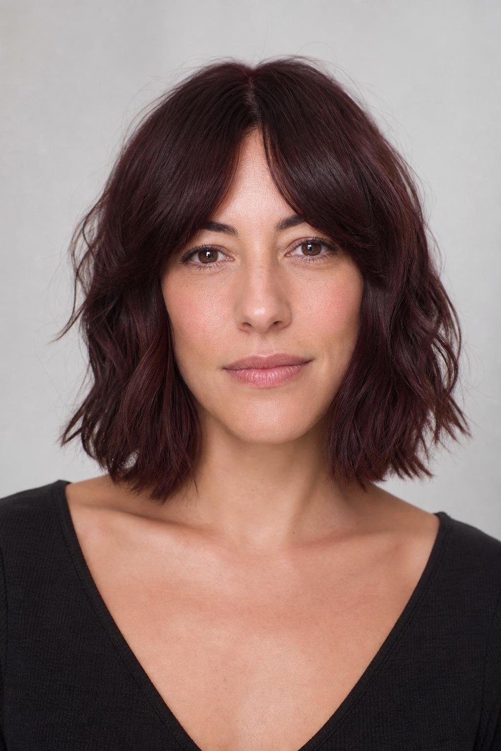 Chocolate Cherry Lob with Curtain Bangs Framing the Face