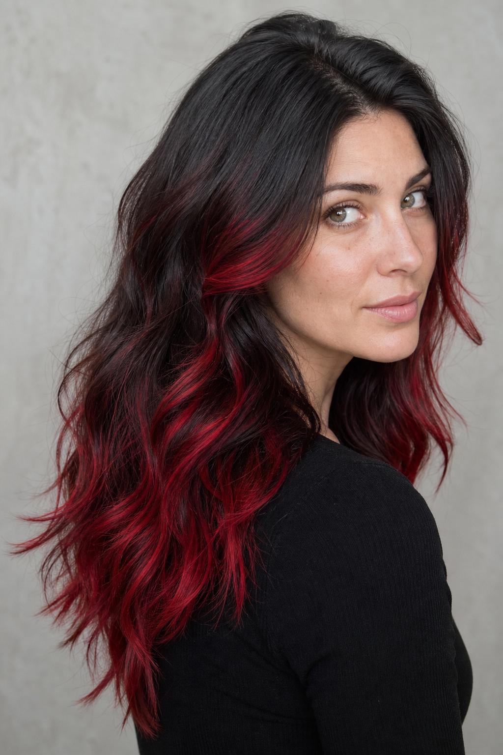 Bright Foilyage Cherry Dimension on Wavy Dark Hair