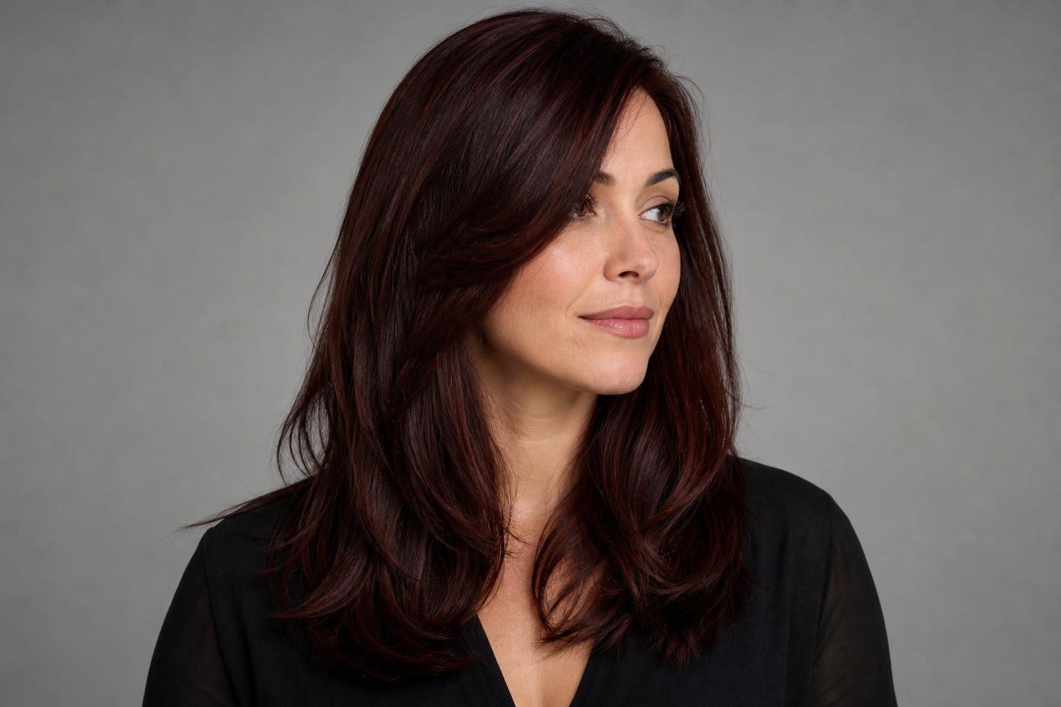 Chocolate Cherry Hair with Cool Burgundy Tones on a Deep Brown Base