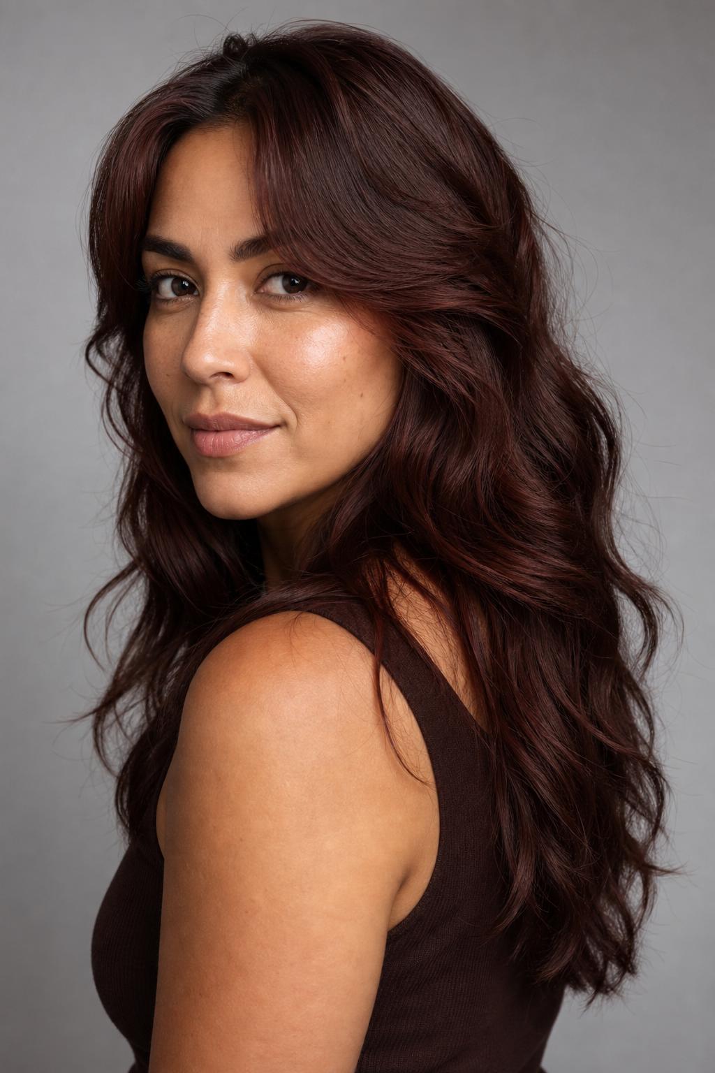 Soft Muted Cherry Mahogany Hair Flattering Olive Skin