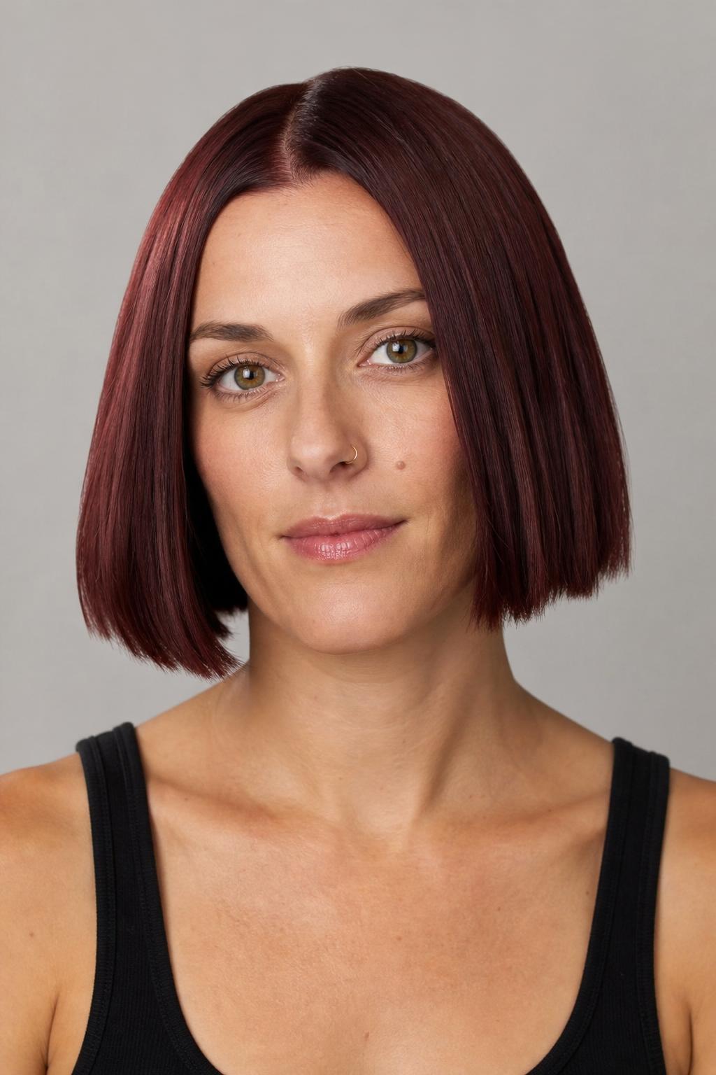 Deep Oxblood Burgundy Color on a Blunt Chin-Length Bob